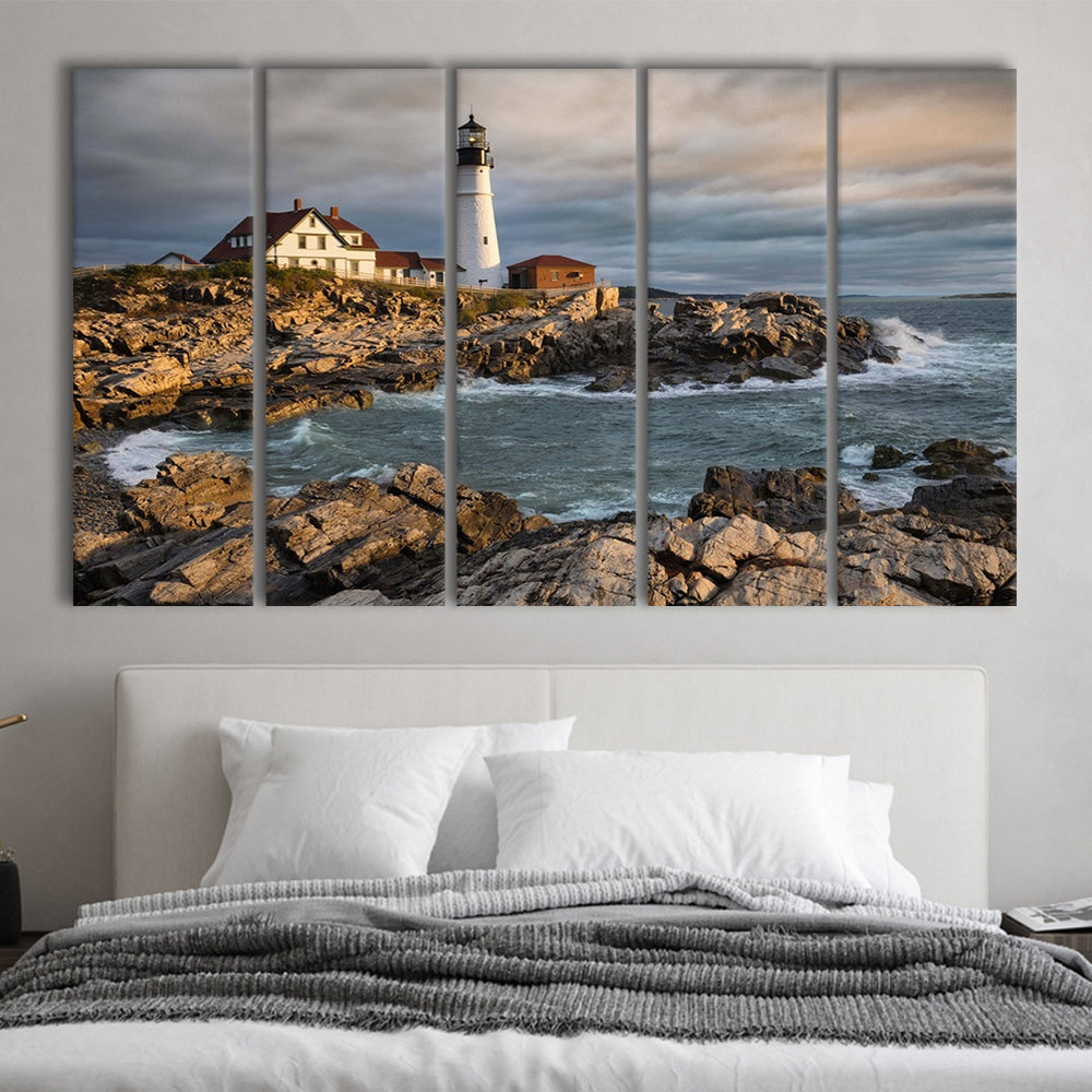 Portland Maine Lighthouse at sunrise Large Stretched Canvas, 5 Piece B Extra Large Cavas Print Wall Art Decor