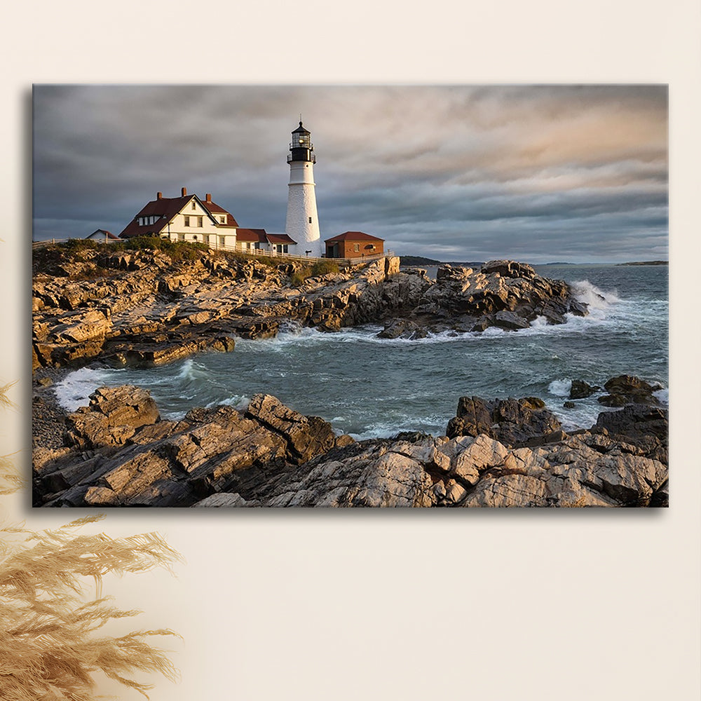 Portland Maine Lighthouse at sunrise Large Stretched Canvas, Cavas Print Wall Art Hom Decor
