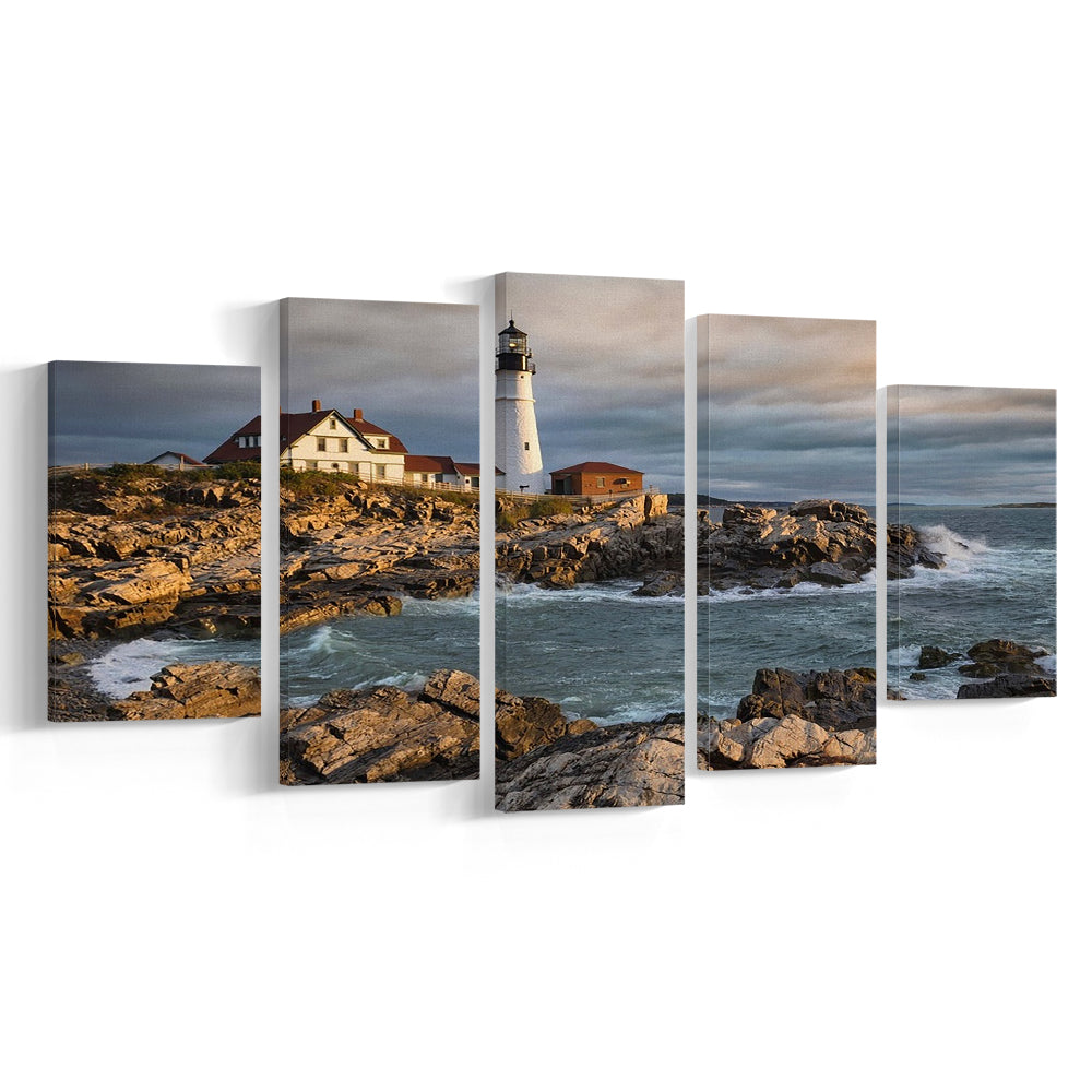 Portland Maine Lighthouse at sunrise Large Stretched Canvas, 5 Piece Large Cavas Print Wall Art