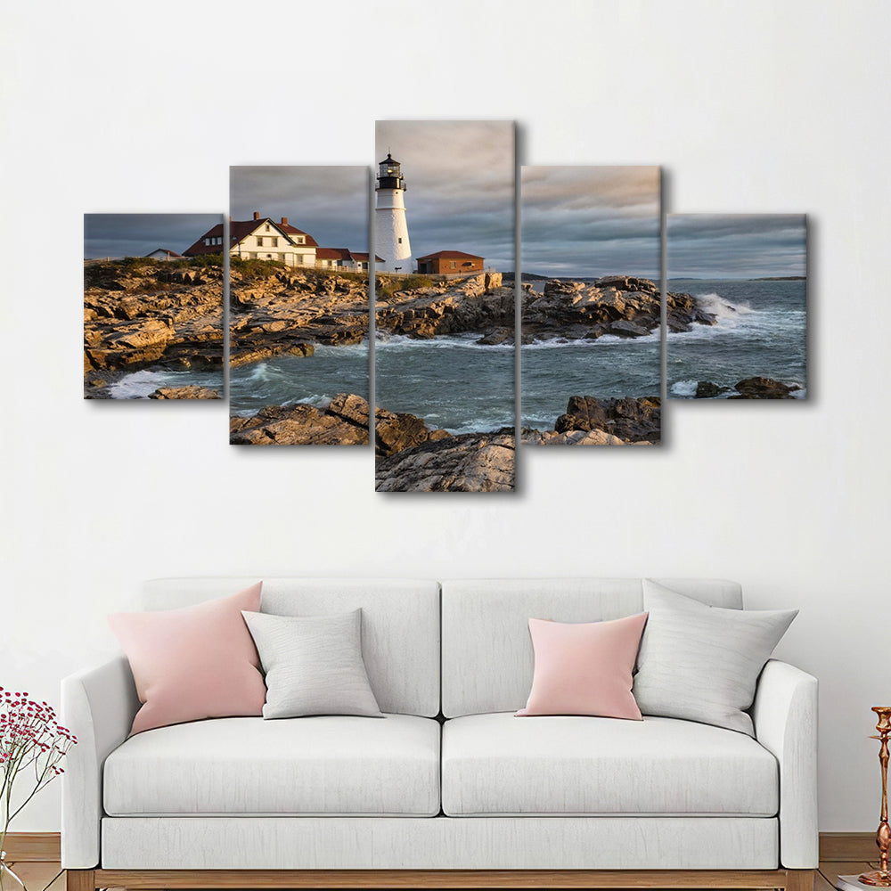 Portland Maine Lighthouse at sunrise Large Stretched Canvas, 5 Piece Large Cavas Print Wall Art