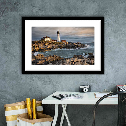 Portland Maine Lighthouse At Sunrise Large Stretched, Framed Art Print White Border