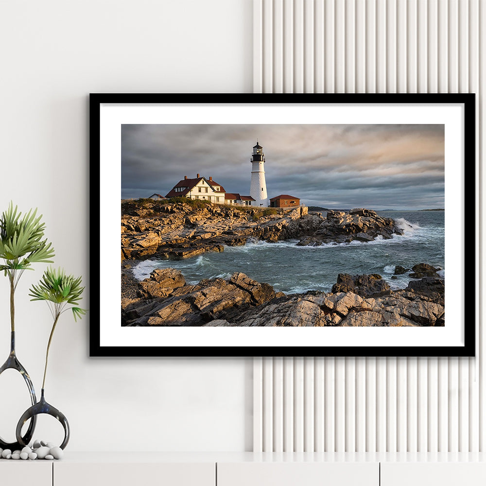Portland Maine Lighthouse At Sunrise Large Stretched, Framed Art Print White Border