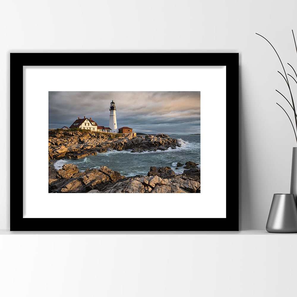 Portland Maine Lighthouse At Sunrise Large Stretched, Framed Art Print White Border