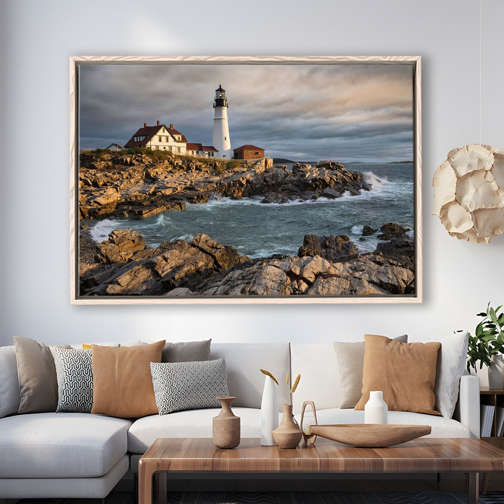Portland Maine Lighthouse At Sunrise Large Stretched Canvas, Framed Cavas Print, Floating Frame