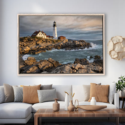 Portland Maine Lighthouse At Sunrise Large Stretched Canvas, Framed Cavas Print, Floating Frame