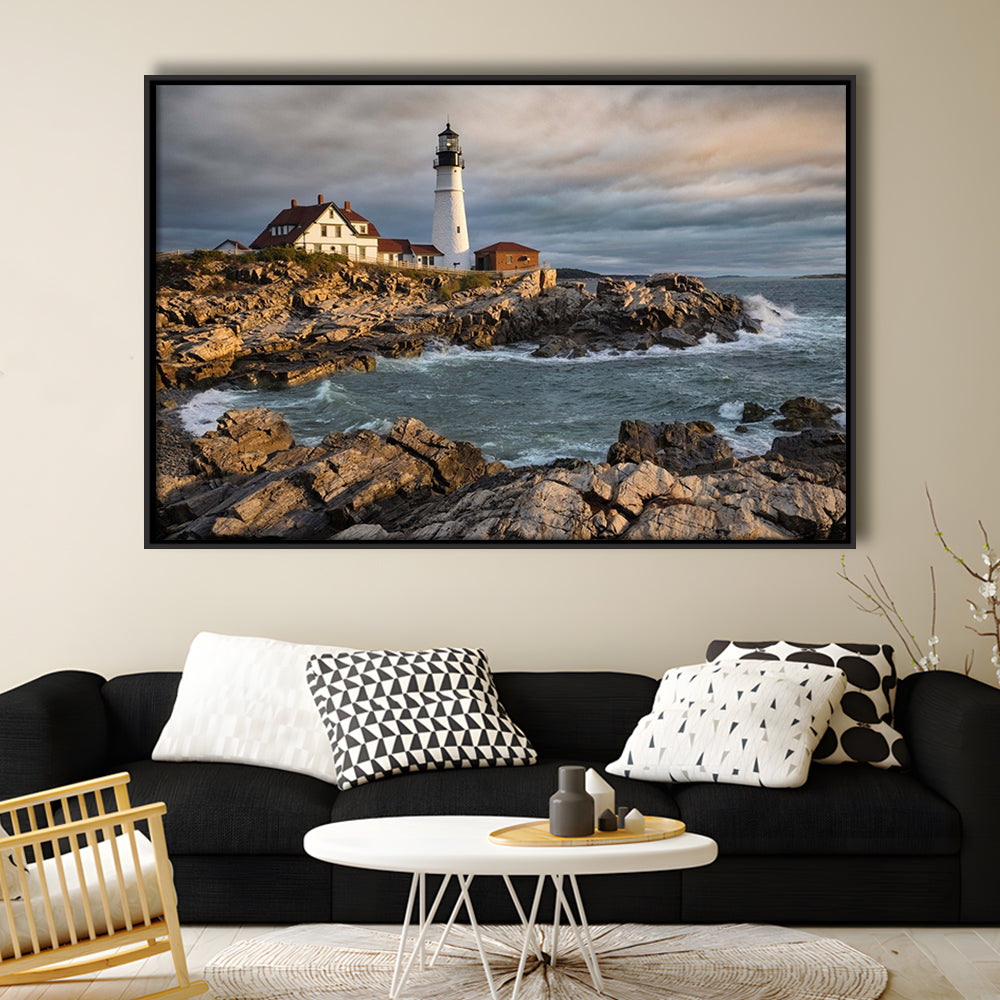 Portland Maine Lighthouse At Sunrise Large Stretched Canvas, Framed Cavas Print, Floating Frame