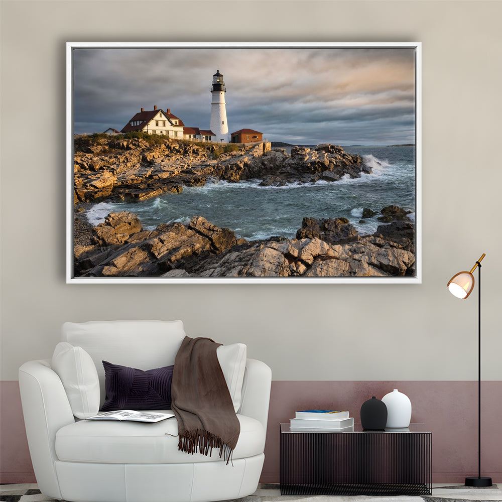 Portland Maine Lighthouse At Sunrise Large Stretched Canvas, Framed Cavas Print, Floating Frame