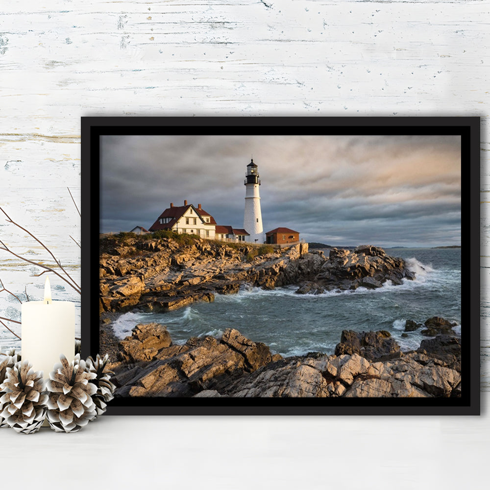 Portland Maine Lighthouse At Sunrise Large Stretched Canvas, Framed Cavas Print, Floating Frame