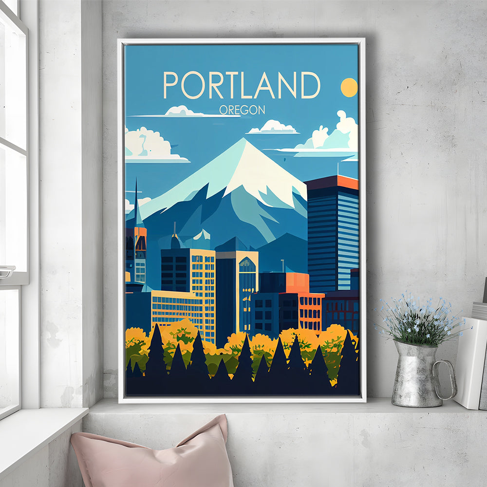 Portland Oregon Retro Art Print, Portland Beach City Wall Art, Floating Framed Canvas Print, Framed Picture, Painting Canvas