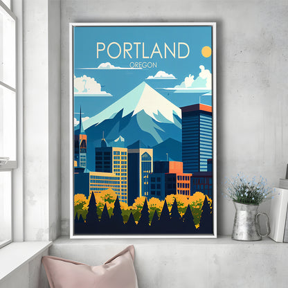 Portland Oregon Retro Art Print, Portland Beach City Wall Art, Floating Framed Canvas Print, Framed Picture, Painting Canvas