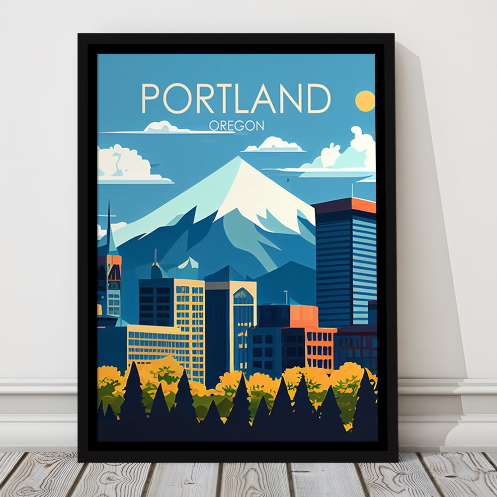 Portland Oregon Retro Art Print, Portland Beach City Wall Art, Floating Framed Canvas Print, Framed Picture, Painting Canvas
