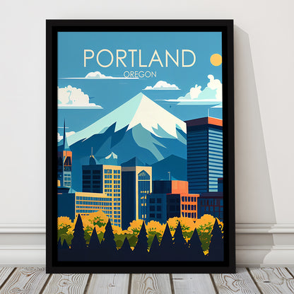 Portland Oregon Retro Art Print, Portland Beach City Wall Art, Floating Framed Canvas Print, Framed Picture, Painting Canvas