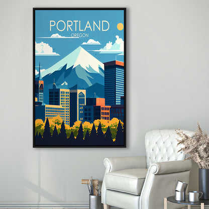 Portland Oregon Retro Art Print, Portland Beach City Wall Art, Floating Framed Canvas Print, Framed Picture, Painting Canvas
