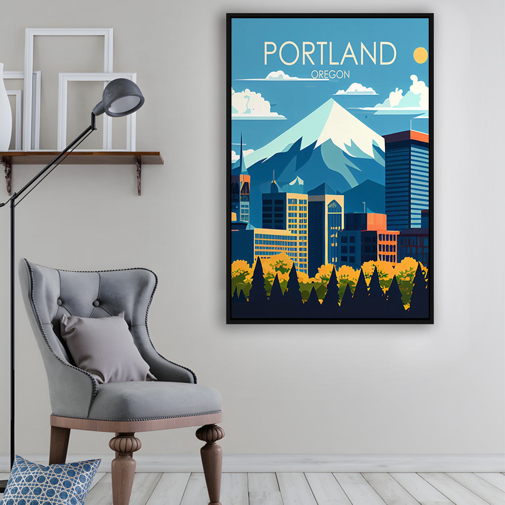 Portland Oregon Retro Art Print, Portland Beach City Wall Art, Floating Framed Canvas Print, Framed Picture, Painting Canvas