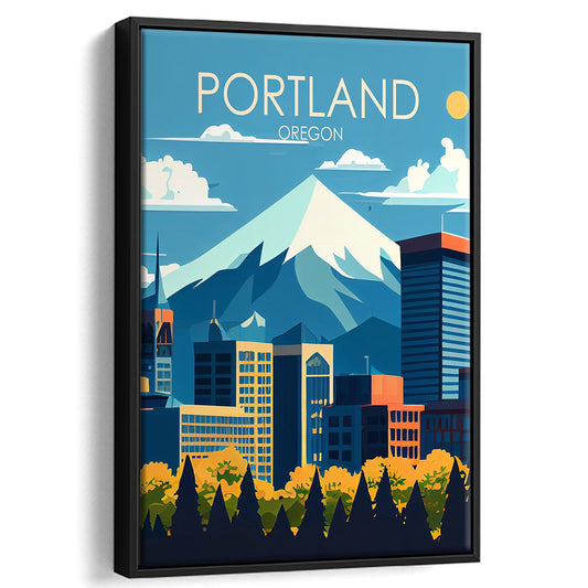 Portland Oregon Retro Art Print, Portland Beach City Wall Art, Floating Framed Canvas Print, Framed Picture, Painting Canvas