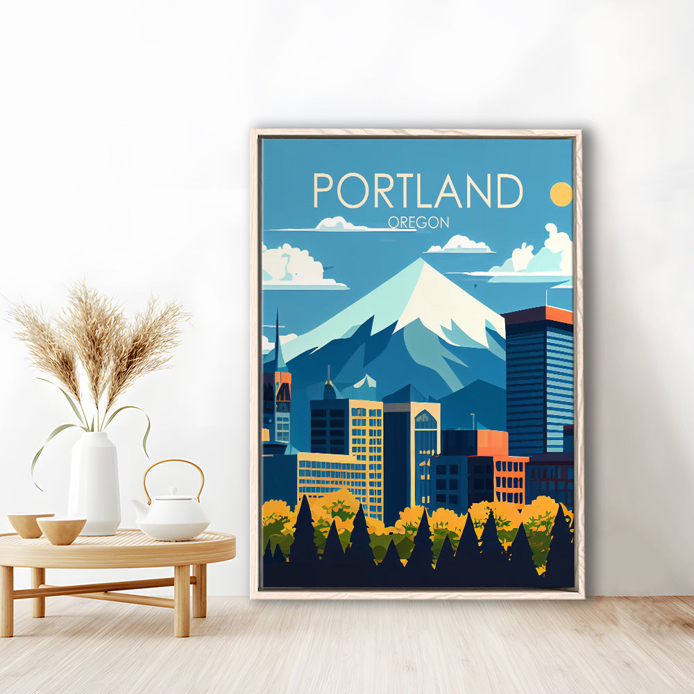 Portland Oregon Retro Art Print, Portland Beach City Wall Art, Floating Framed Canvas Print, Framed Picture, Painting Canvas
