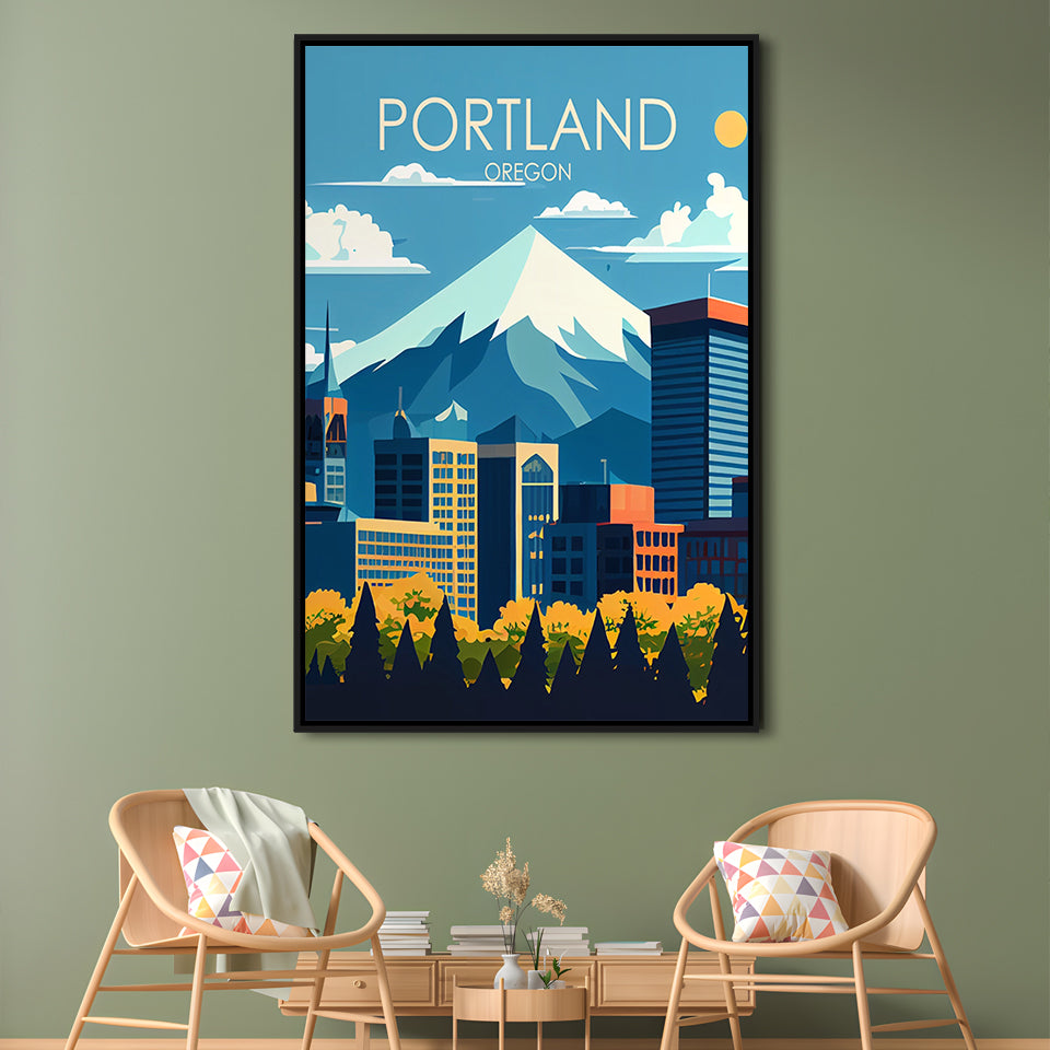 Portland Oregon Retro Art Print, Portland Beach City Wall Art, Floating Framed Canvas Print, Framed Picture, Painting Canvas