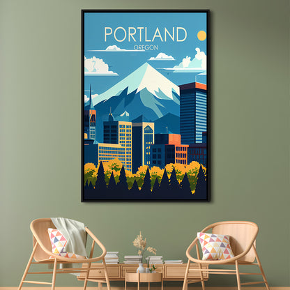 Portland Oregon Retro Art Print, Portland Beach City Wall Art, Floating Framed Canvas Print, Framed Picture, Painting Canvas