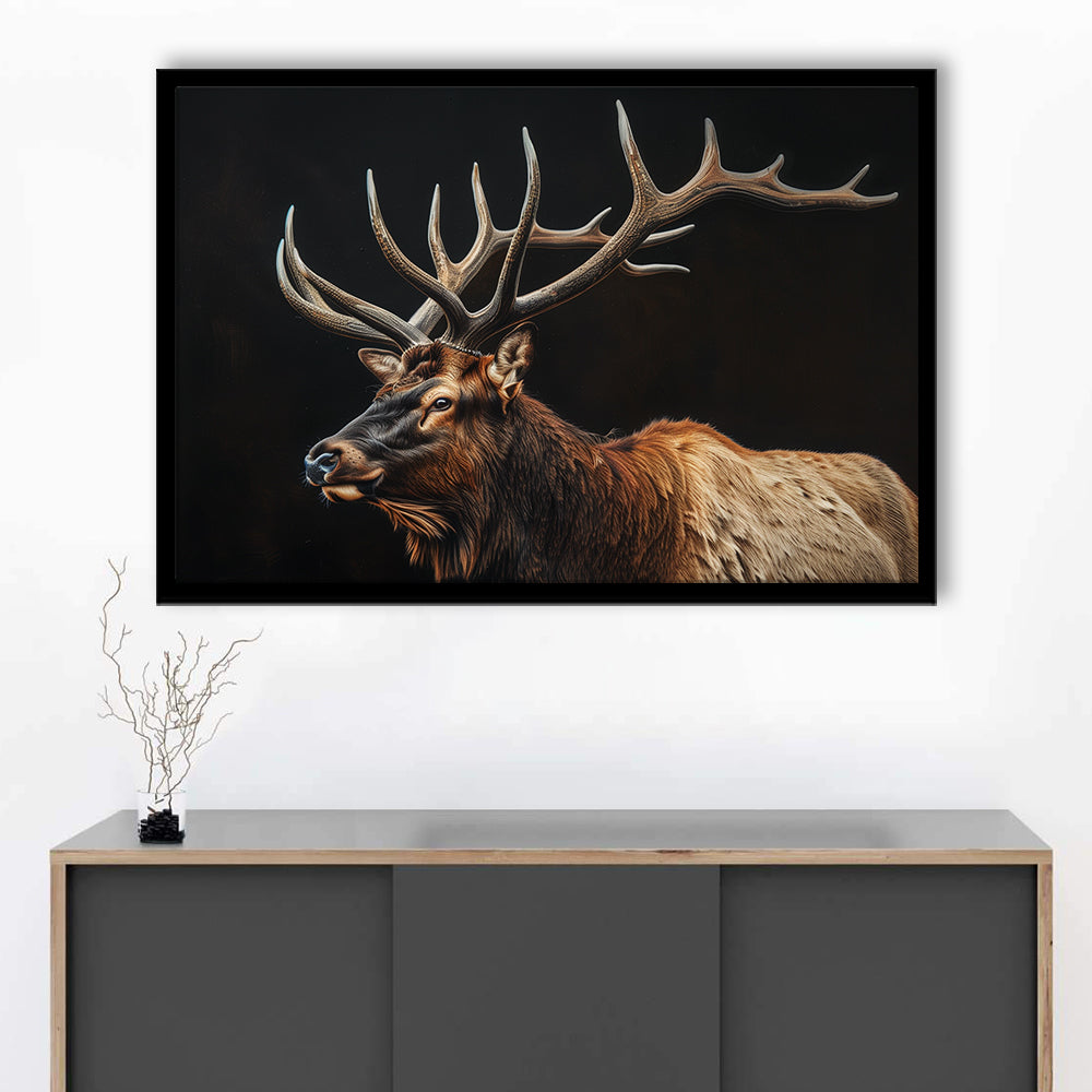 Portrait Elk With Antlers Black Background, Hunting Art Decor, Framed Art Print Wall Decor, Framed Picture