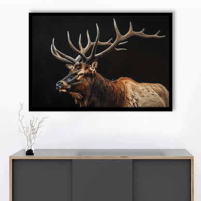 Portrait Elk With Antlers Black Background, Hunting Art Decor, Framed Art Print Wall Decor, Framed Picture