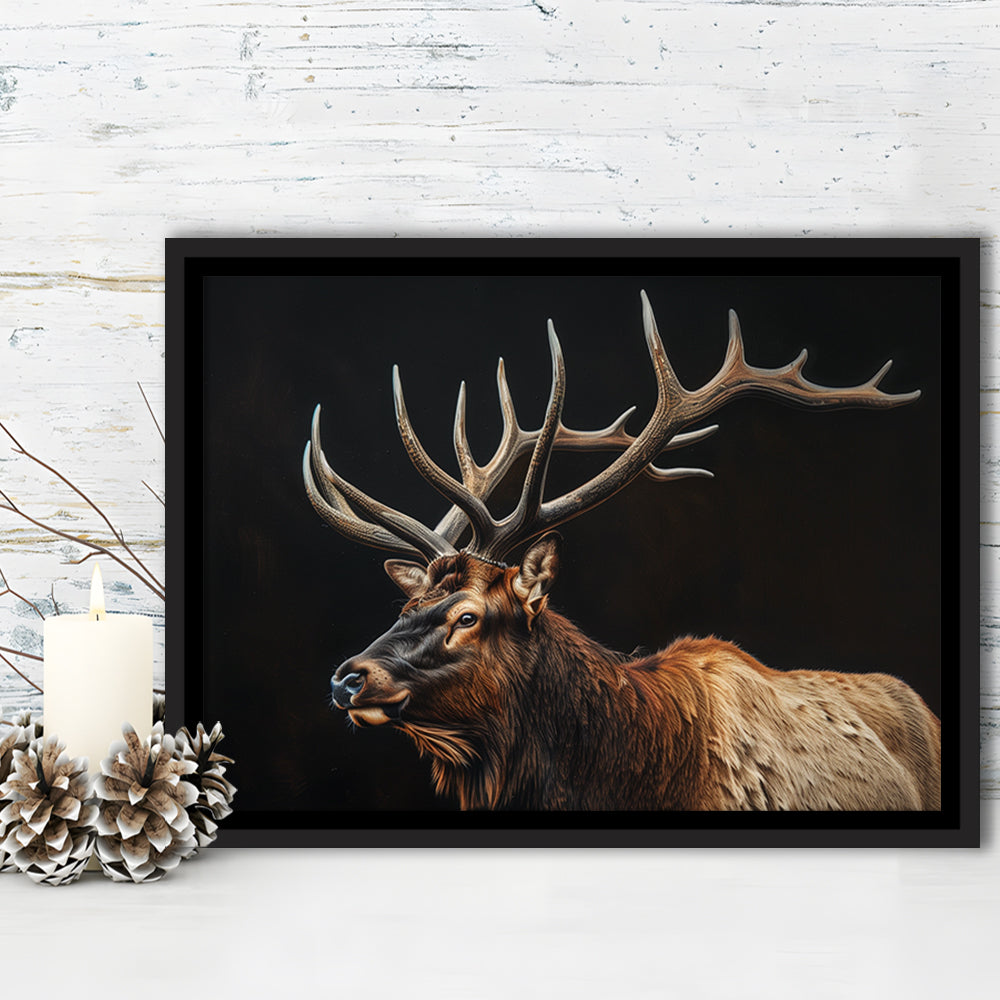Portrait Elk With Antlers Black Background, Hunting Art Decor, Floating Framed Canvas Print Wall Art