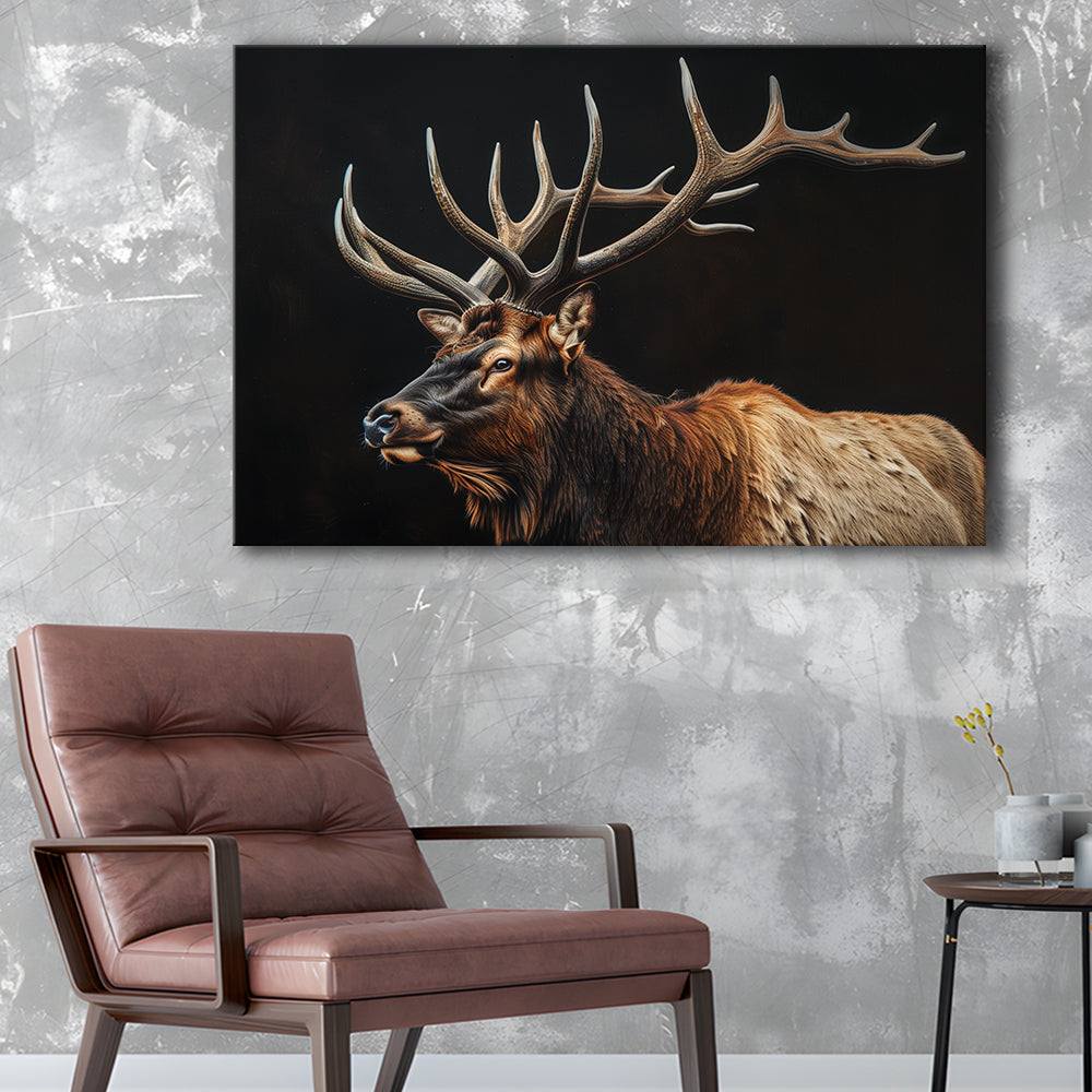 Portrait Elk With Antlers Black Background, Hunting Art Decor, Canvas Print Wall Art Home Decor