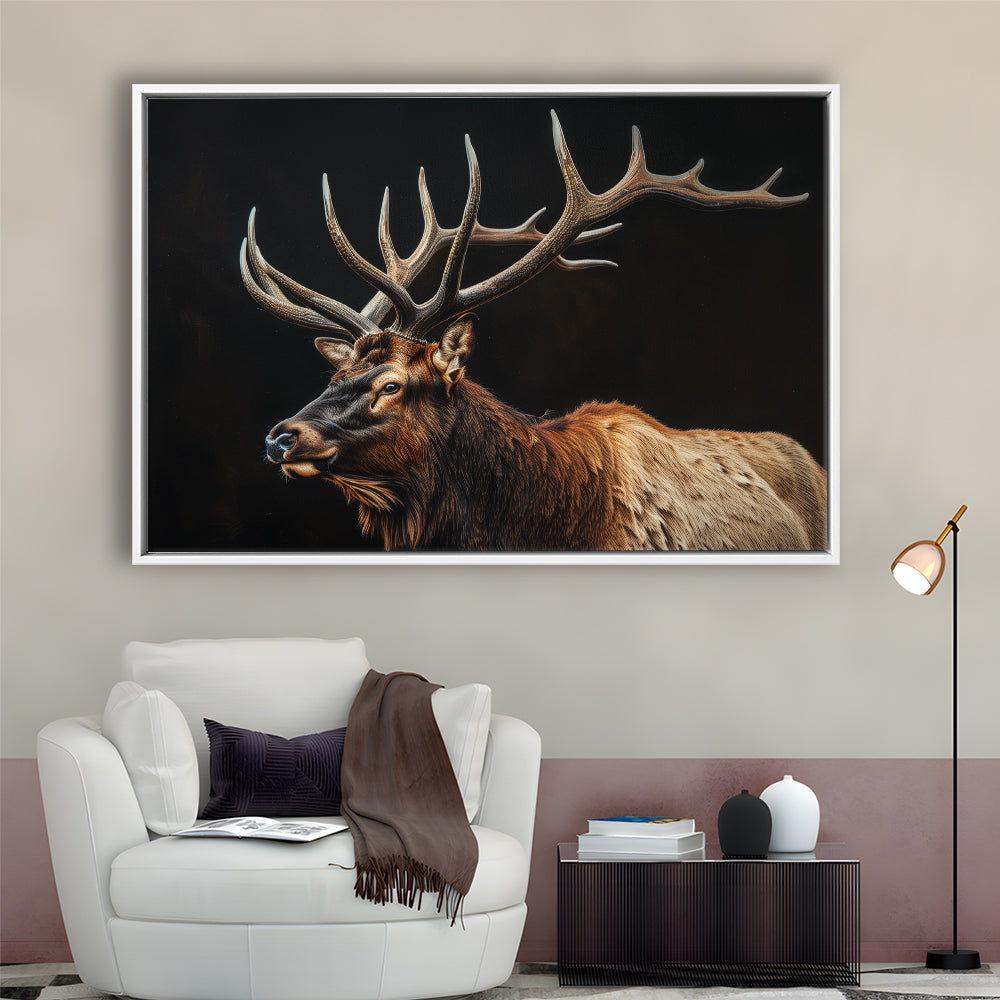 Portrait Elk With Antlers Black Background, Hunting Art Decor, Floating Framed Canvas Print Wall Art