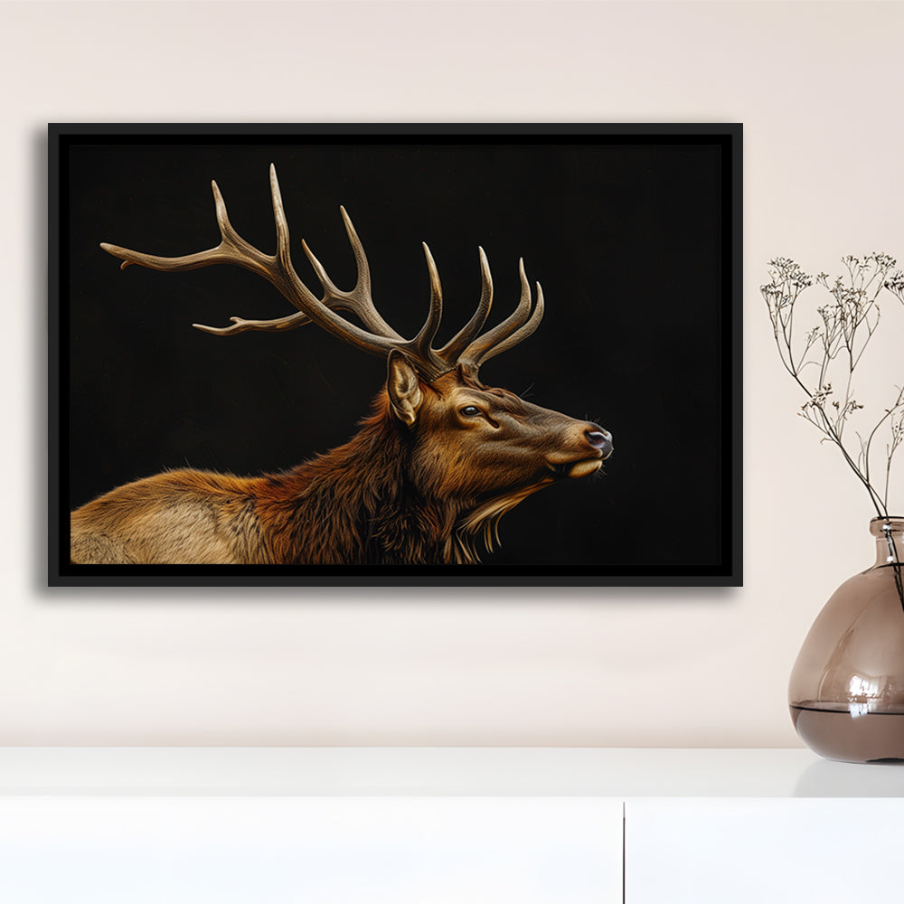 Portrait Elk With Antlers Black Background, Hunting Art Decor V1, Floating Framed Canvas Print Wall Art