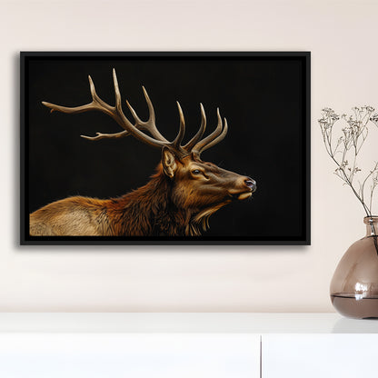 Portrait Elk With Antlers Black Background, Hunting Art Decor V1, Floating Framed Canvas Print Wall Art