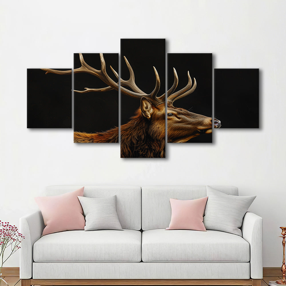 Portrait Elk With Antlers Black Background, Hunting Art Decor V1, Mixed Panels Canvas Print Wall Art
