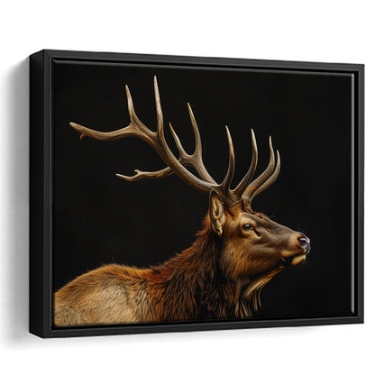Portrait Elk With Antlers Black Background, Hunting Art Decor V1, Floating Framed Canvas Print Wall Art