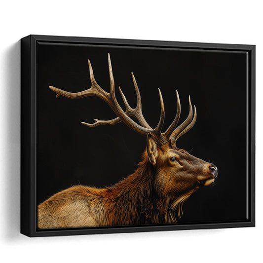 Portrait Elk With Antlers Black Background, Hunting Art Decor V1, Floating Framed Canvas Print Wall Art
