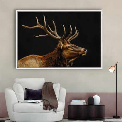 Portrait Elk With Antlers Black Background, Hunting Art Decor V1, Floating Framed Canvas Print Wall Art