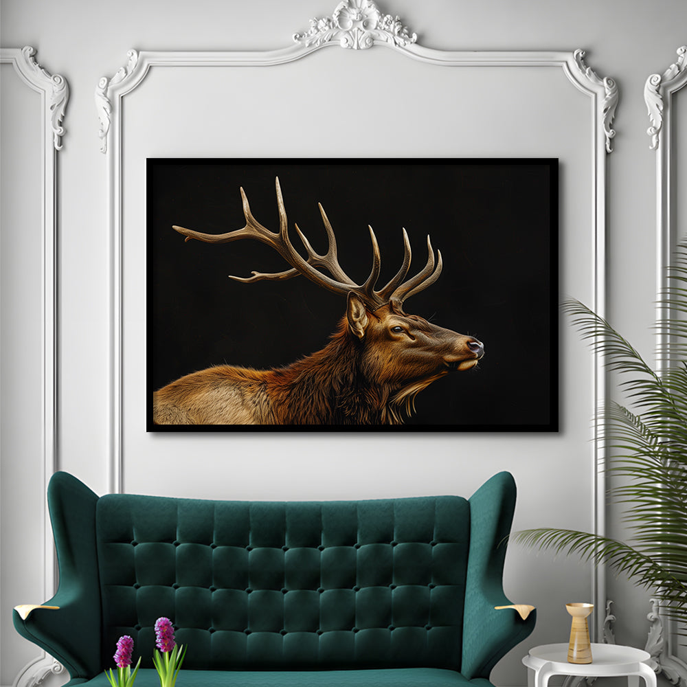 Portrait Elk With Antlers Black Background, Hunting Art Decor V1, Framed Art Print Wall Decor, Framed Picture