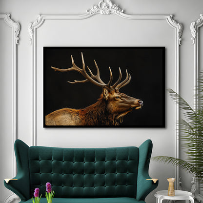 Portrait Elk With Antlers Black Background, Hunting Art Decor V1, Framed Art Print Wall Decor, Framed Picture