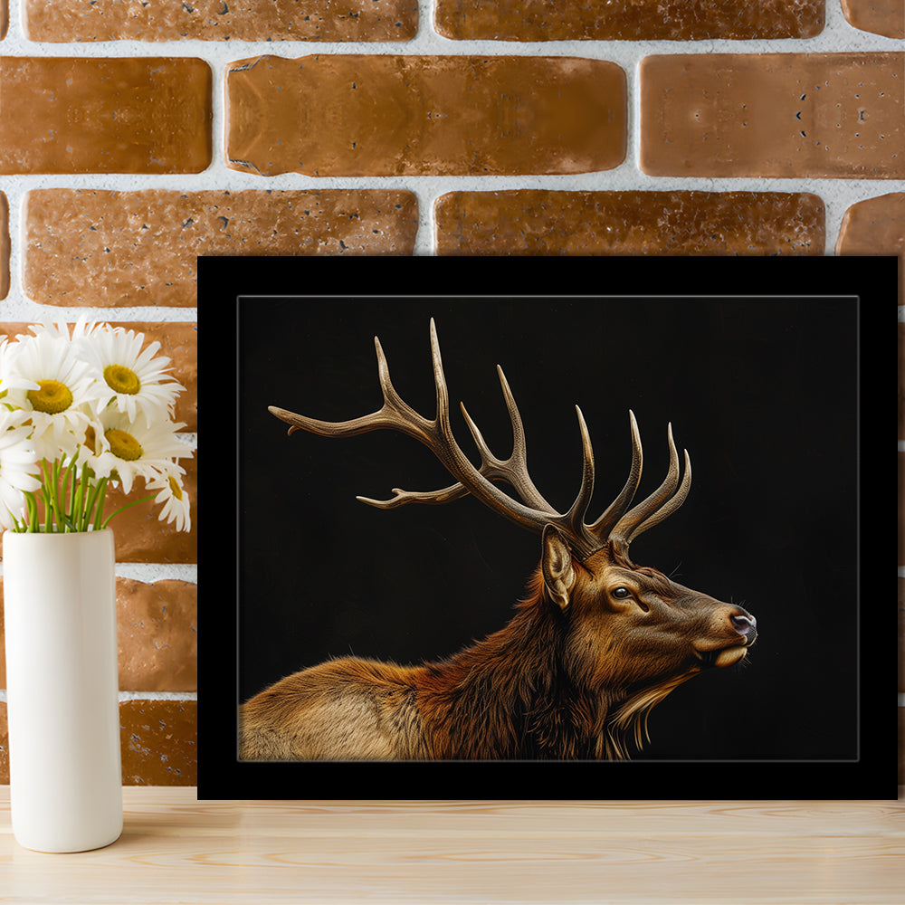 Portrait Elk With Antlers Black Background, Hunting Art Decor V1, Framed Art Print Wall Decor, Framed Picture