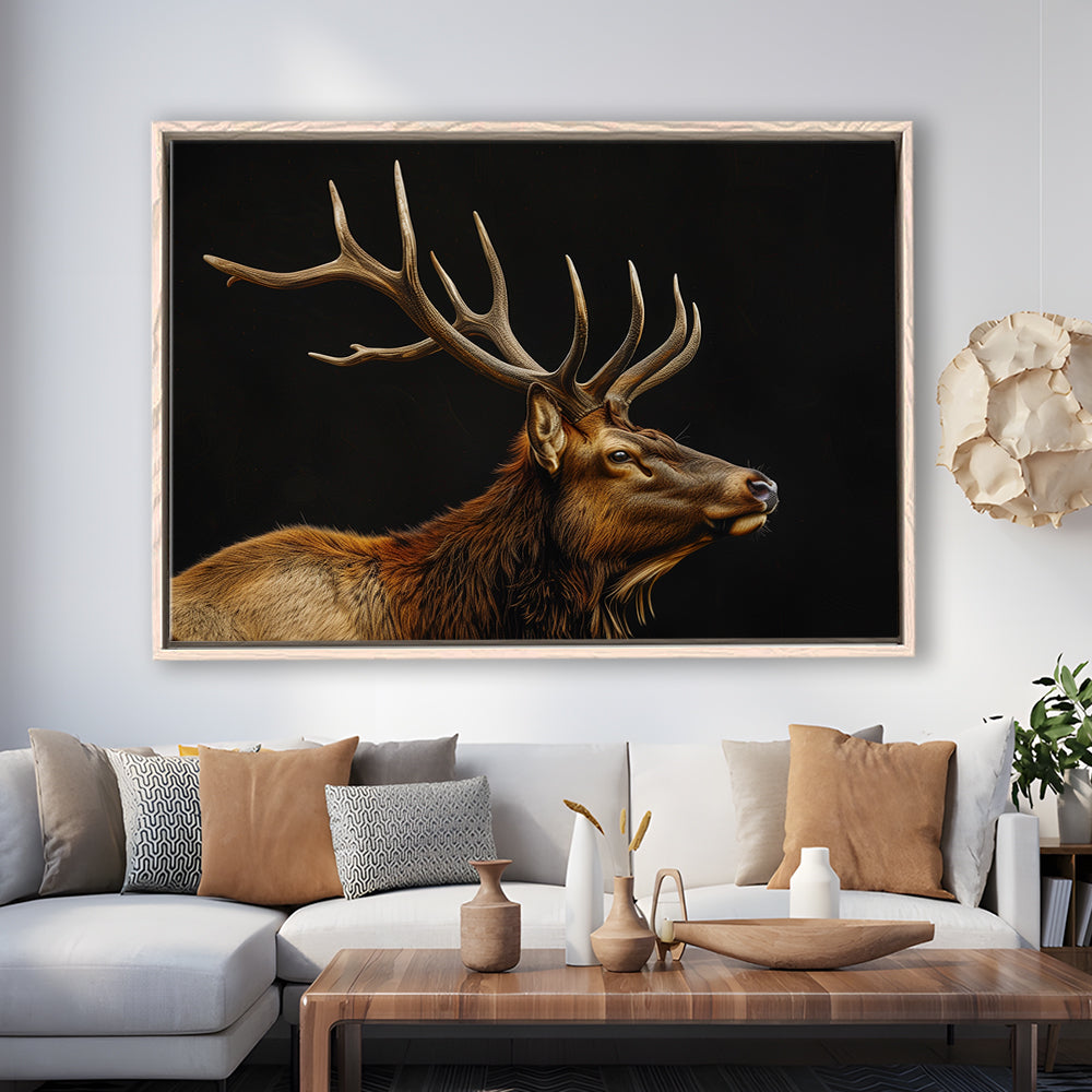 Portrait Elk With Antlers Black Background, Hunting Art Decor V1, Floating Framed Canvas Print Wall Art