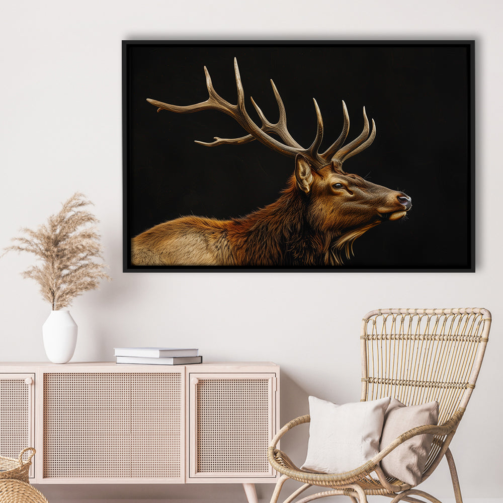 Portrait Elk With Antlers Black Background, Hunting Art Decor V1, Floating Framed Canvas Print Wall Art