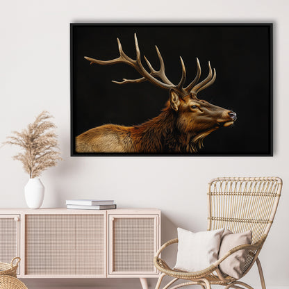 Portrait Elk With Antlers Black Background, Hunting Art Decor V1, Floating Framed Canvas Print Wall Art