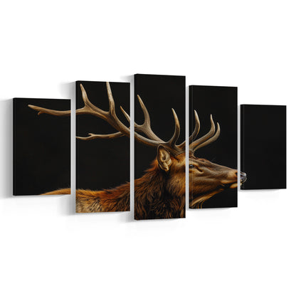 Portrait Elk With Antlers Black Background, Hunting Art Decor V1, Mixed Panels Canvas Print Wall Art