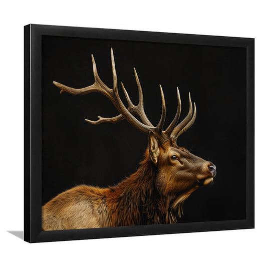 Portrait Elk With Antlers Black Background, Hunting Art Decor V1, Framed Art Print Wall Decor, Framed Picture