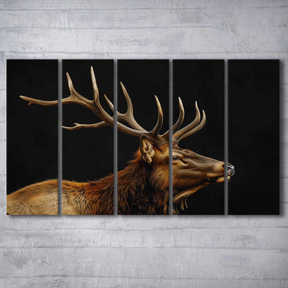 Portrait Elk With Antlers Black Background, Hunting Art V1, Multi Panels Canvas Print Wall Art