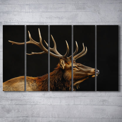 Portrait Elk With Antlers Black Background, Hunting Art V1, Multi Panels Canvas Print Wall Art