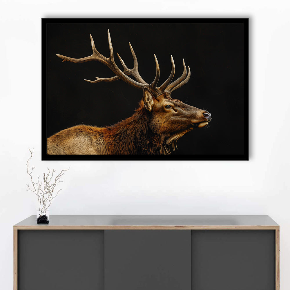 Portrait Elk With Antlers Black Background, Hunting Art Decor V1, Framed Art Print Wall Decor, Framed Picture