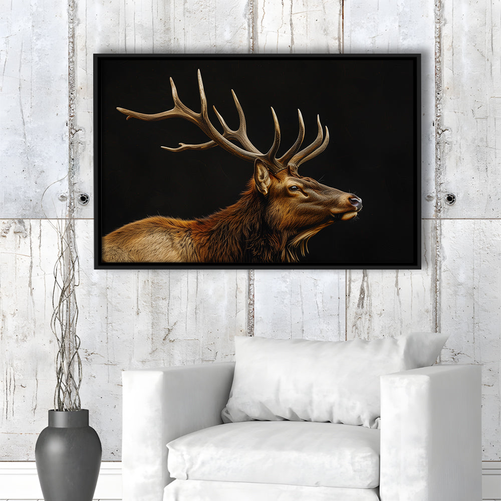 Portrait Elk With Antlers Black Background, Hunting Art Decor V1, Floating Framed Canvas Print Wall Art