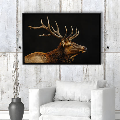 Portrait Elk With Antlers Black Background, Hunting Art Decor V1, Floating Framed Canvas Print Wall Art