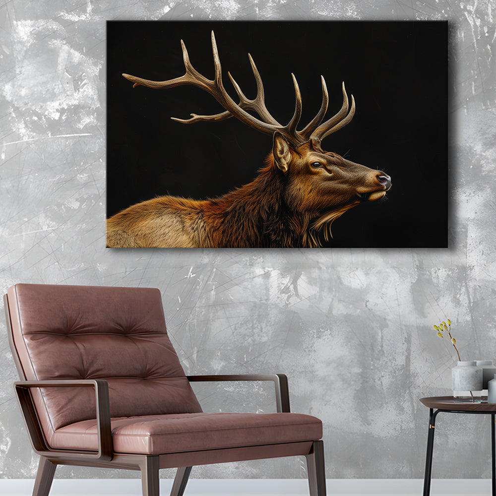 Portrait Elk With Antlers Black Background, Hunting Art Decor V1, Canvas Print Wall Art Home Decor