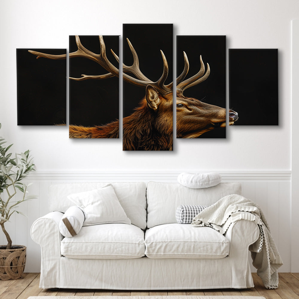 Portrait Elk With Antlers Black Background, Hunting Art Decor V1, Mixed Panels Canvas Print Wall Art
