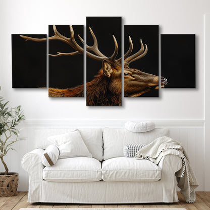 Portrait Elk With Antlers Black Background, Hunting Art Decor V1, Mixed Panels Canvas Print Wall Art