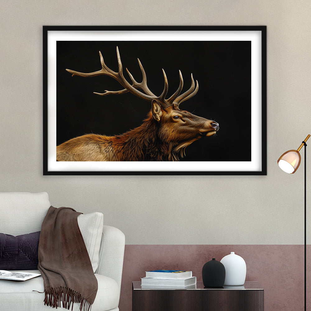 Portrait Elk With Antlers Black Background, Hunting Art Decor V1, Framed Art Print White Border Wall Decor